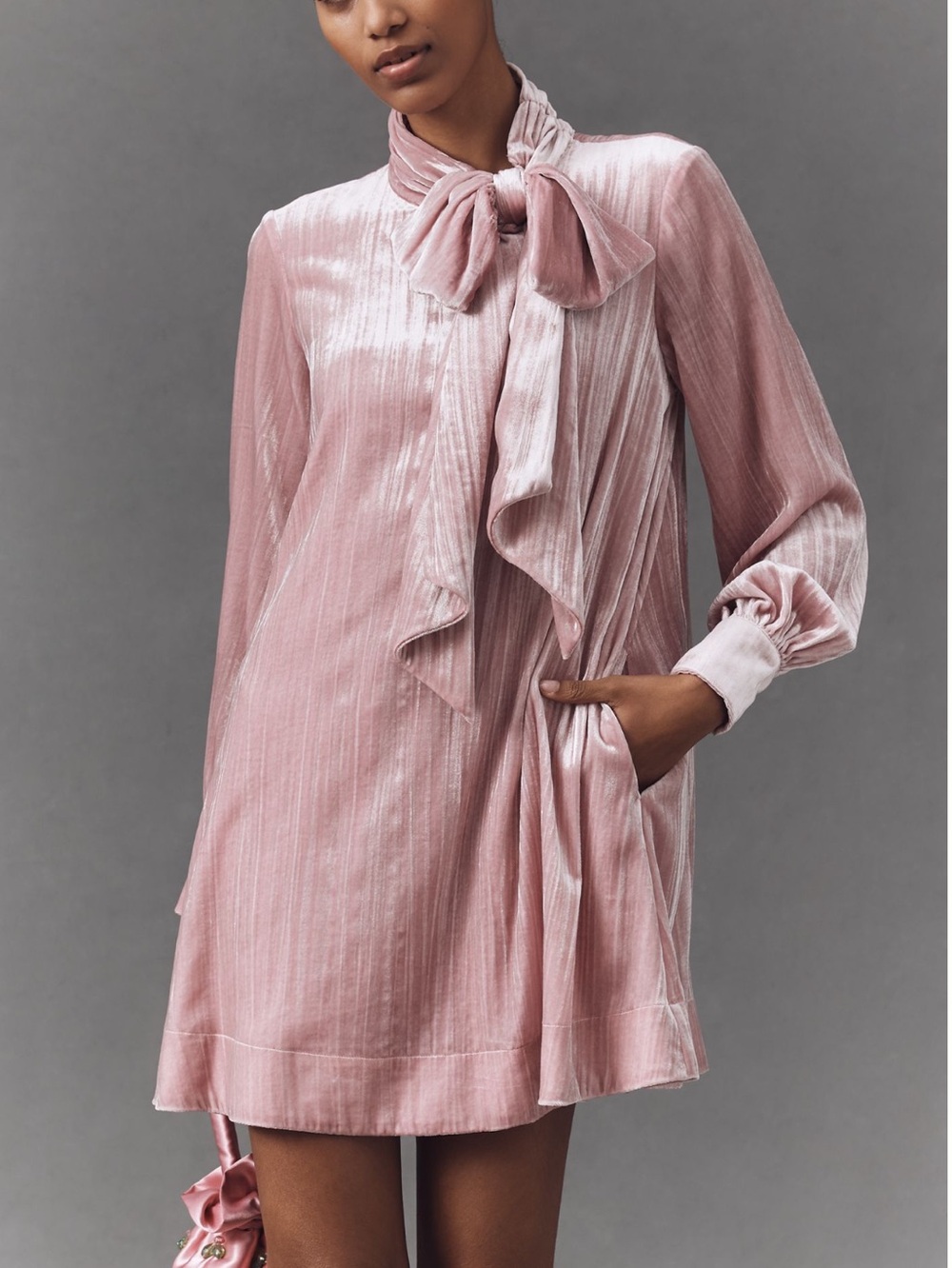 Anthropologie Caroline Tie Neck Mini Dress Maeve Crushed Velvet New Small Pink